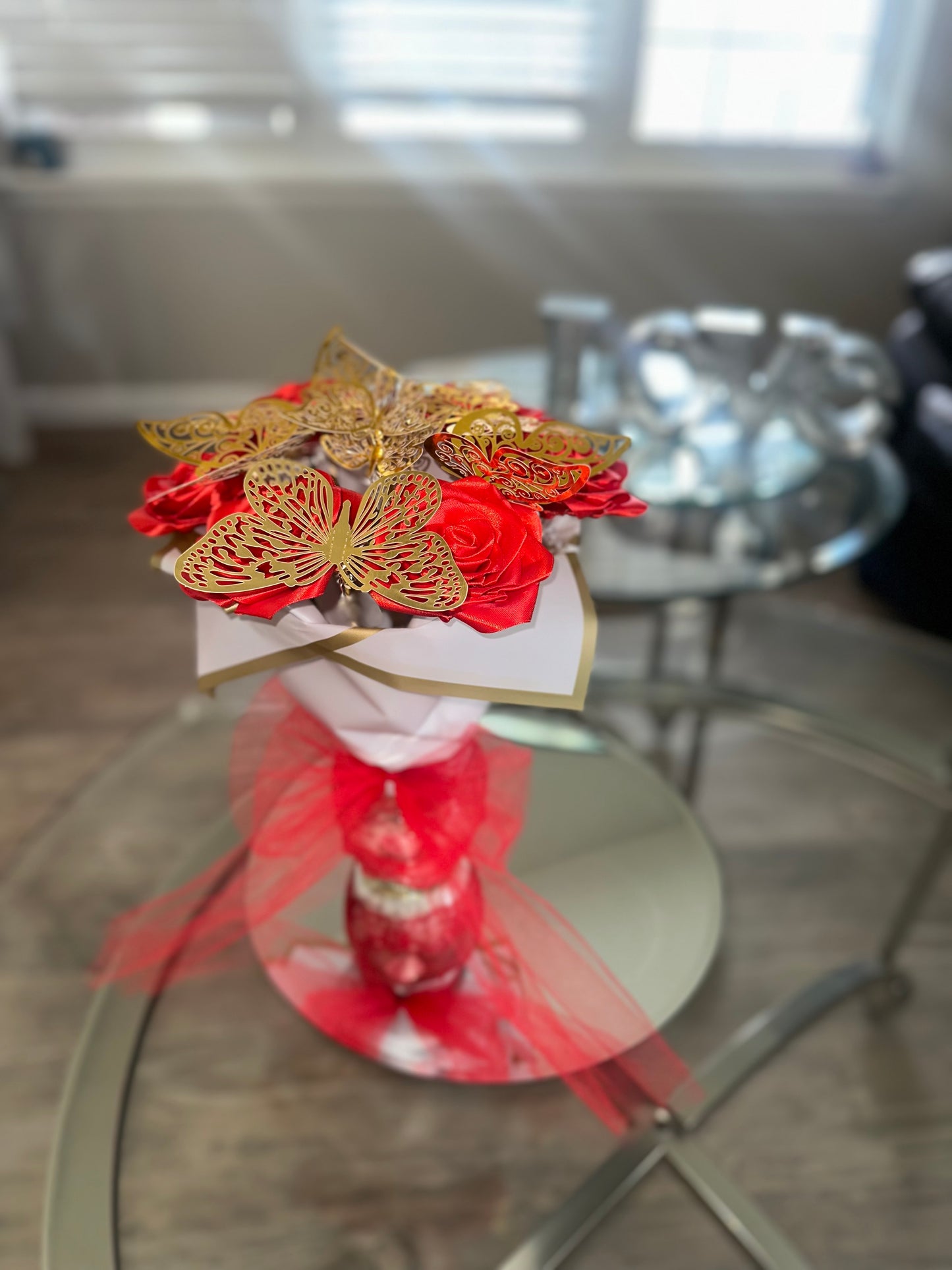 Gold Butterflies & Red Eternal Roses