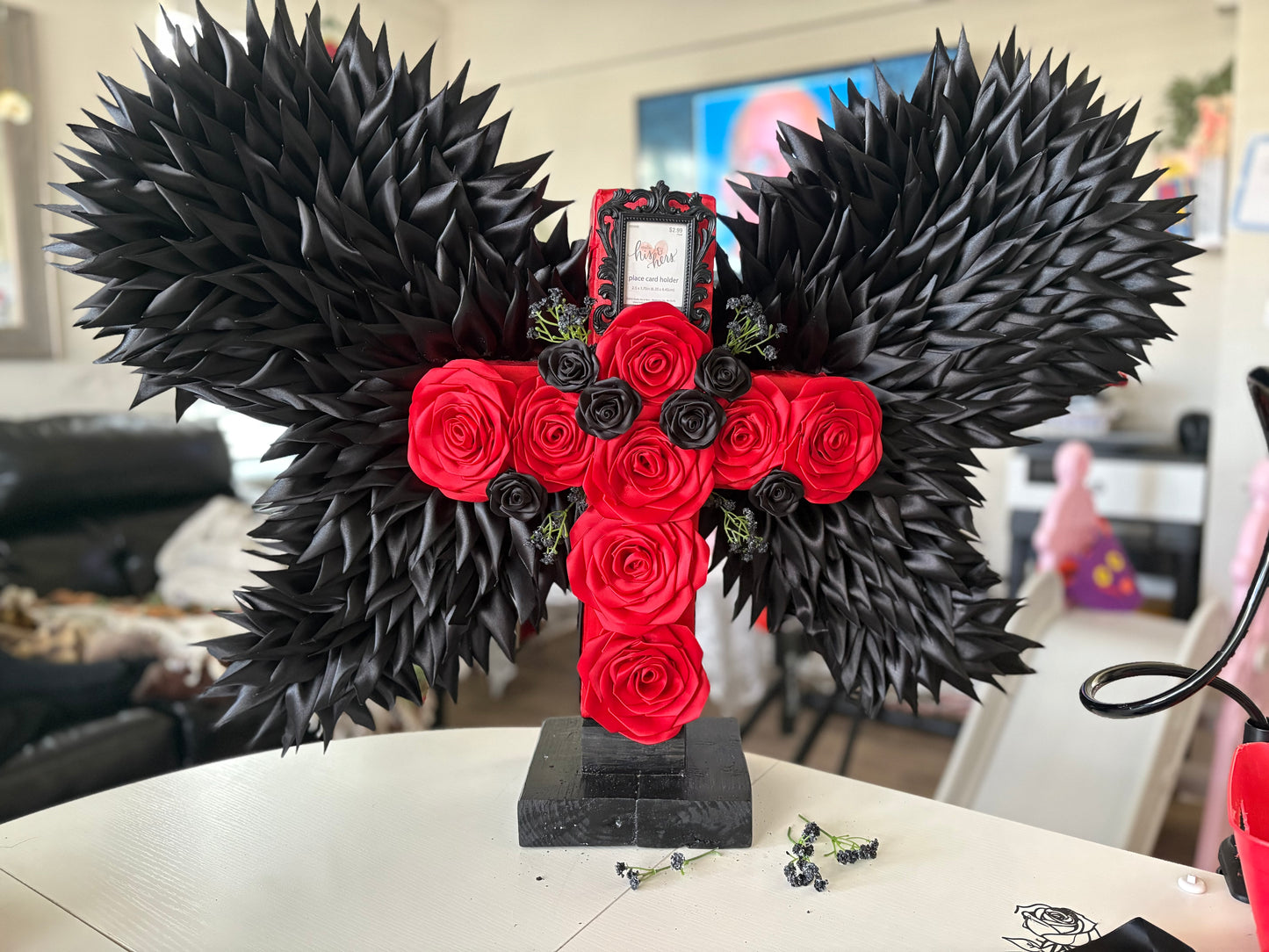 Black & Red Eternal Rose Cross with Angel Wings