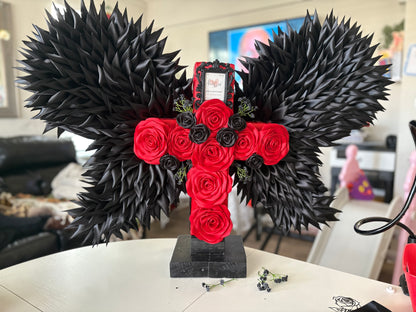 Black & Red Eternal Rose Cross with Angel Wings