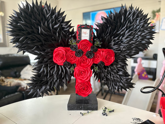 Black & Red Eternal Rose Cross with Angel Wings