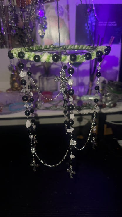 Clear Quartz & Black Glass Beaded Hanging Decoration