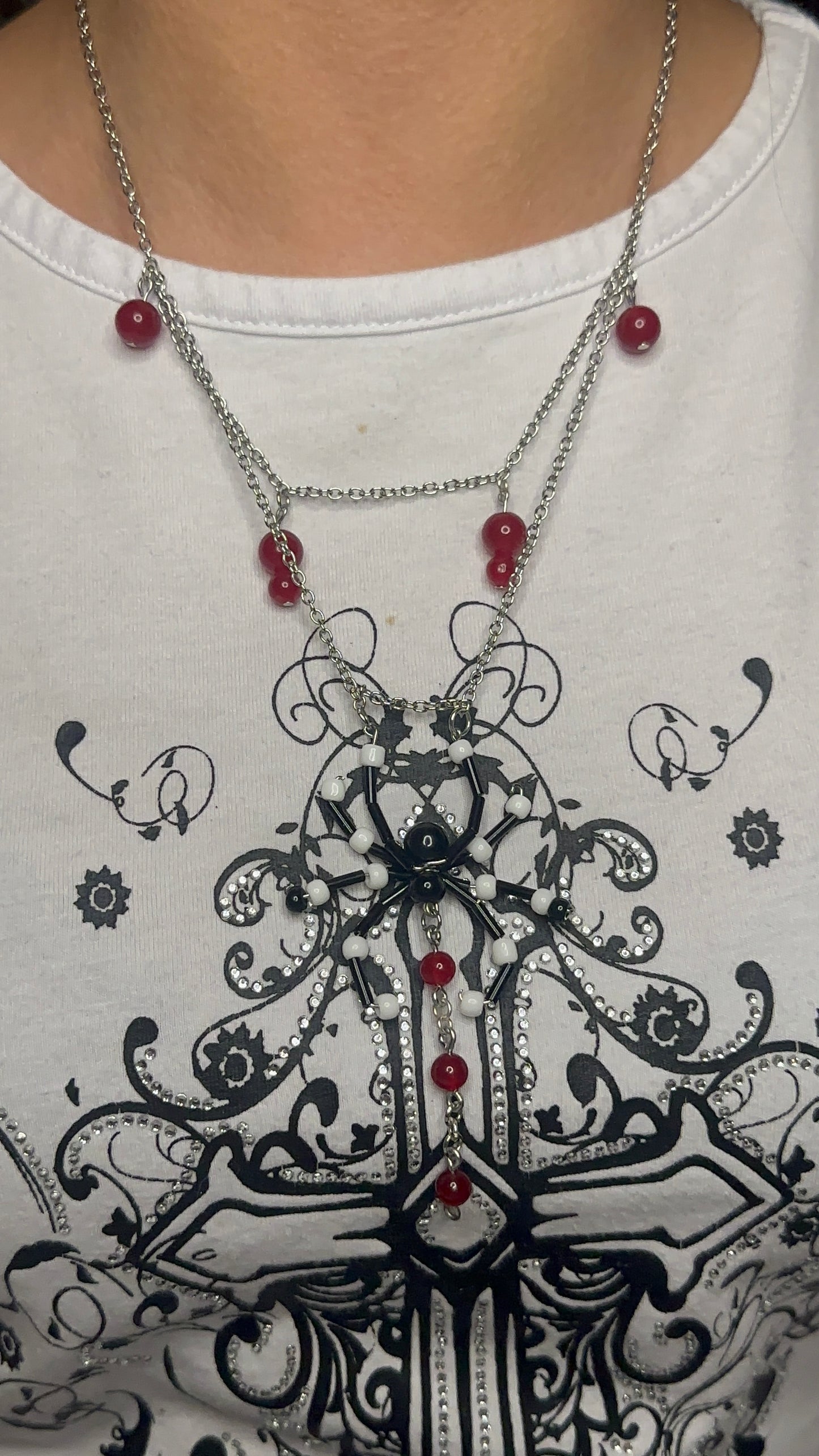 Red and White Beaded Spider necklace