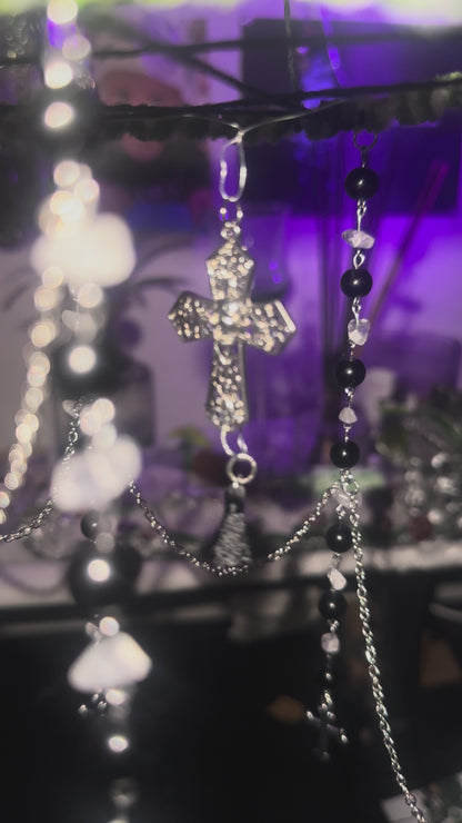 Clear Quartz & Black Glass Beaded Hanging Decoration